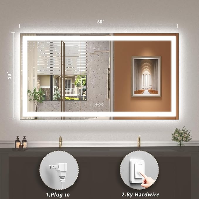 LED Mirror for Bathroom 55x30, Dimmable Lighted Vanity Mirror with Lights for Wall, Anti-Fog, Tempered Glass, ETL Listed (Backlit + Front Lights)