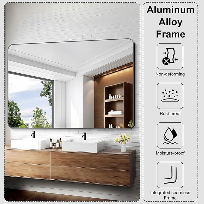 KOCUUY Black Bathroom Mirror 60"x36", Large Vanity Mirror with Rounded Corner, Metal Black Frame with Mordern Design for Bathroom, Living Room, Entryway, Hang Horizontal/Vertical