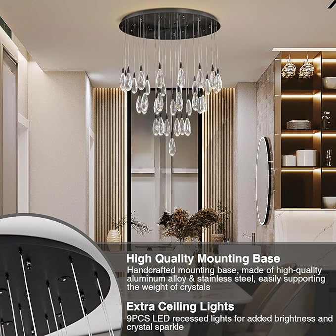 189" Luxury Long Crystal Chandelier, 43-Light Modern Black Raindrop Staircase Chandelier, Contemporary 4000K Dimmable Flush Mount Light Fixture for Foyer, Entryway, Living Room, High Ceilings