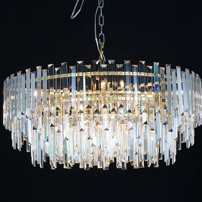 31.5" Modern Crystal Chandelier, 3-Tier Gold Pendant Light with 13 Lights, Luxury K9 Crystal Ceiling Fixture for Dining Room Living Room Foyer