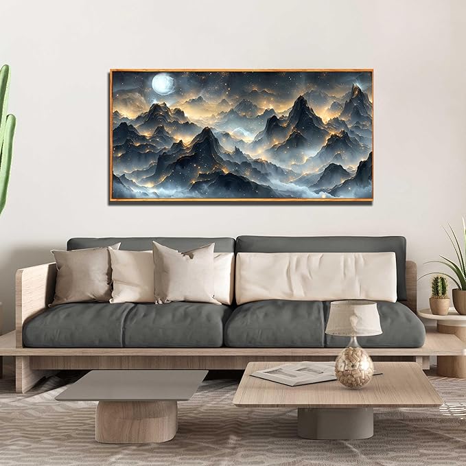 Ouzzlie Black and Gold Art Wall Decor Moon Wall Art for Office Mountain Landscape Canvas Picture Artwork 24" x 48"