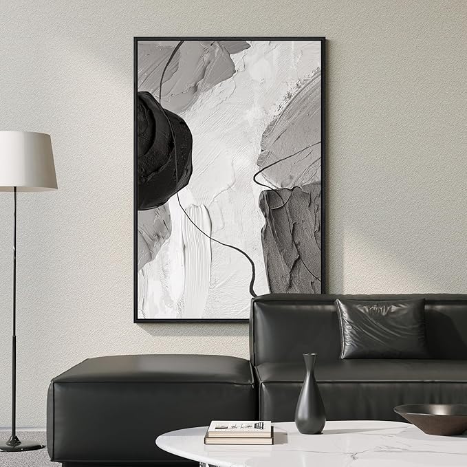 Large Framed Black and White Modern Abstract Vertical Wall Art for Living Room, Canvas Prints Paintings Artwork for Walls, Minimalist Gray Pictures for Hallway Stair Office Wall Decor 40x60 In