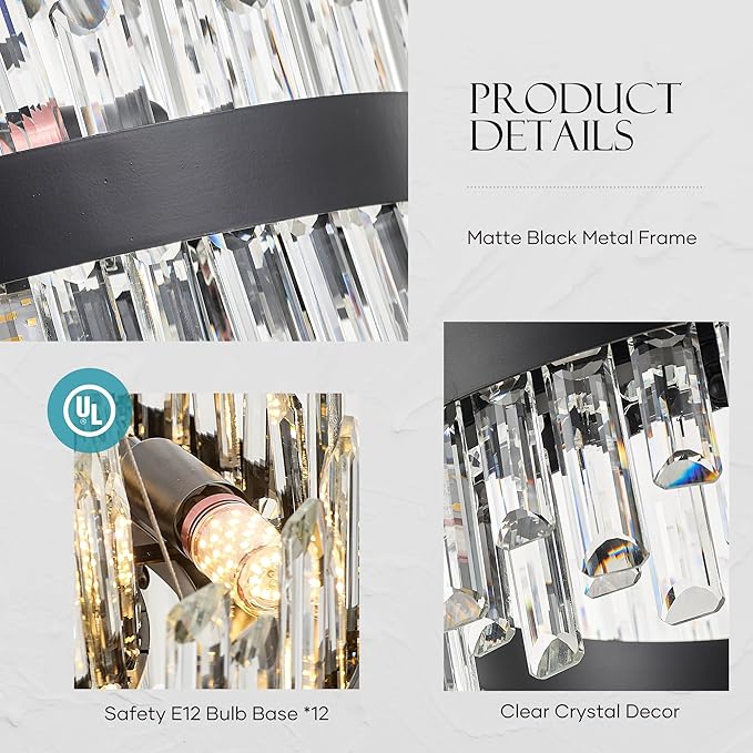 21.7" Black Modern Crystal Chandelier Light Fixtures Luxury 2 Ring Crystal Chandeliers for Dining Room 12-Light Round Hanging Pendant Lighting for Living Room Kitchen Island Entryway Bedroom