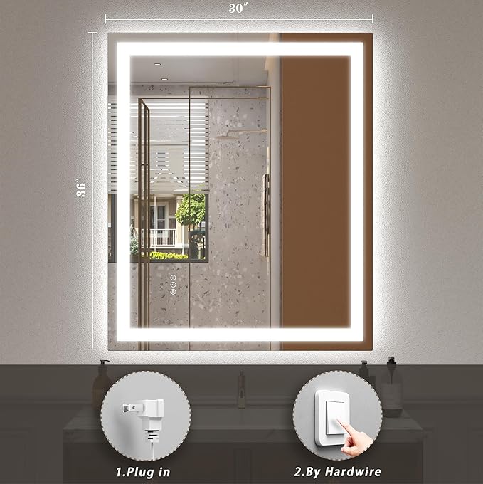30 x 36 LED Bathroom Mirror for Vanity, Rectangle Lighted Vanity Mirrors with Lights, Dimmable, Anti-Fog, Shatter-Proof, ETL Listed (Front Lighted + Backlit)