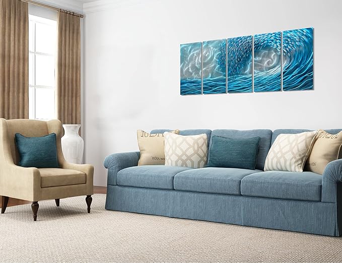 BATRENDY ARTS Modern Sea Wave Metal Wall Art 3D Beach Hanging Scuplture Hand Polished TropicalHome Accent Multi Panel Artwork Ready to Hang