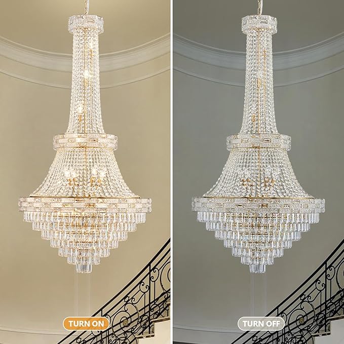 25-Light Gold Crystal Chandelier, 3-Layer High Ceiling Hanging Chandeliers Modern Large Chandeliers Light Fixture for High Ceilings,Entryway,Foyer,Staircase,Hallway,Living Room(H60 x D31)