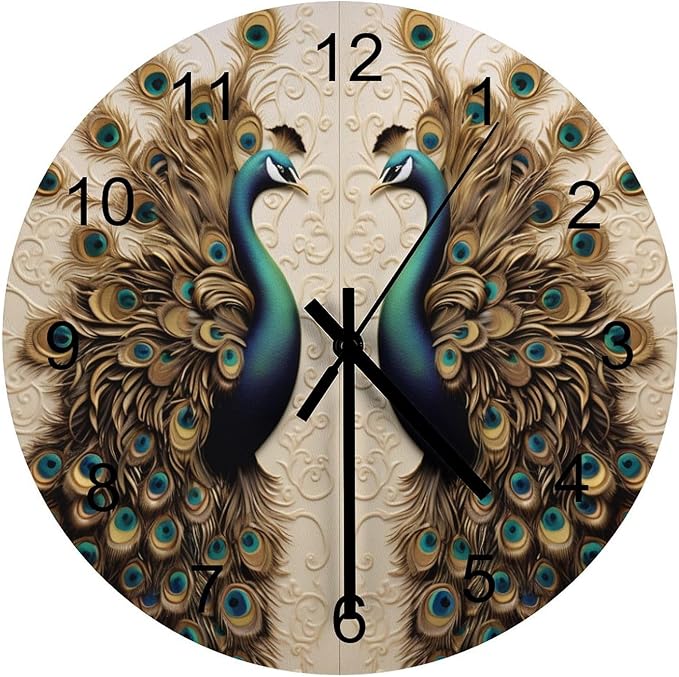Black and Gold Peacock Bird-Themed Circular Wall Clock, Semi-Dark-Toned Peacock Room Personalized Decoration On The Grey High-End Background Wall, Wooden Silent Wall Clock 12x12INCH