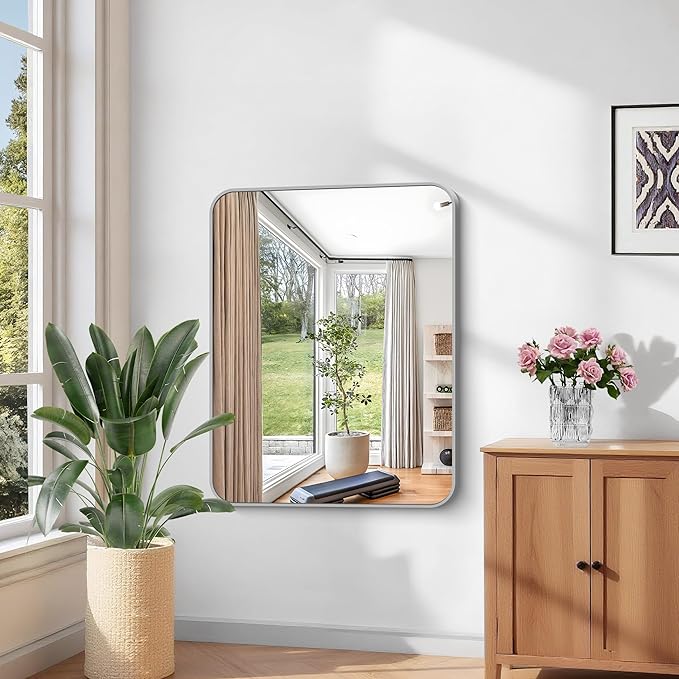 KOCUUY Silver Bathroom Mirror, 30x36 Inch Bathroom Mirror for Over Sink, HD Tempered Glass, Anti-Rust Brushed Silver Frame, Rounded Corner Modern Design for Bathroom, Hang Horizontal/Vertical