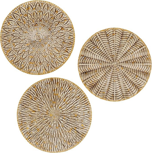 Arborus Set of 3 Rustic Floral Round Metal Wall Art - Intricate 3D Design with Sturdy Hooks, Gold and Beige Decorative Plates (11.8" Diameter)