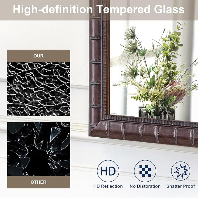 Large Brozne Decorative Mirror for Living Room, 53'' x 29'' Antiuqe Dining Room Mirrors with Bamboo-Joint Frame, Classic Vintage Brozne Wooden Mirror for Entryway, Fireplace, Horizontal/Vertical