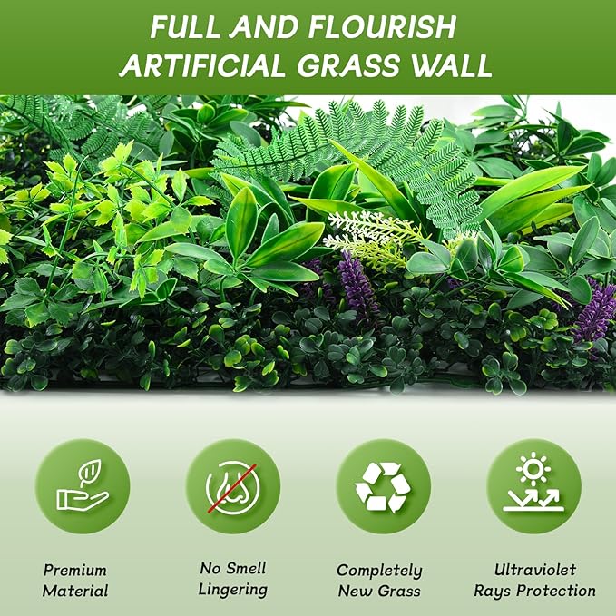 Artificial Grass Wall Panels 20x20 (12pcs) - UV Protected Privacy Fence Screen, Hedge Green Wall Decor Backdrop，Realistic Fake Grass Backdrop for Indoor Weddings & Outdoor Gardens