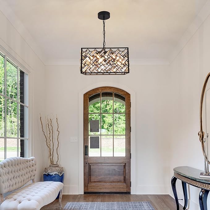 Modern Crystal Chandelier, 6-Light Black Chandeliers for Dining Room with Adjustable Chain, 51 Inch Ceiling Light Fixture for Bedroom, Foyer (Bulbs Not Included)