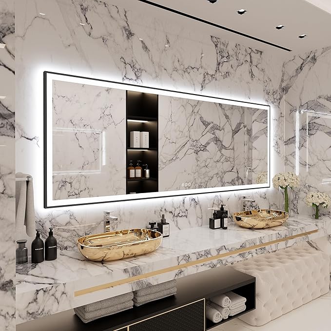 Large Light Bathroom Mirror 96x36 Backlit and Front Lighted LED Wall-Mounted Vanity Mirror Modern Rectangle Black Mirror (Horizontal/Vertical)