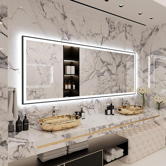 Large Light Bathroom Mirror 96x36 Backlit and Front Lighted LED Wall-Mounted Vanity Mirror Modern Rectangle Black Mirror (Horizontal/Vertical)