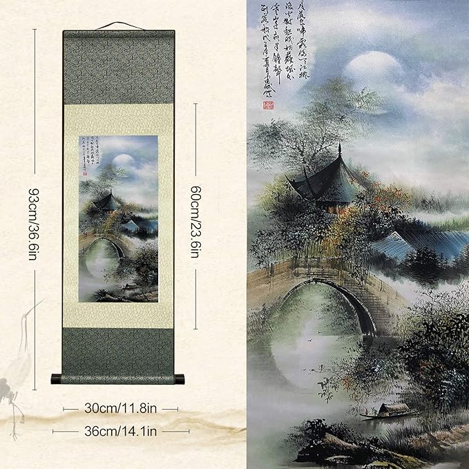 AtfArt 4 Pack Asian Wall Decor Silk Scroll Wall Art - Waterfall River Landscape - Beautiful Oriental Decor - Chinese Art Wall Scroll Hanging (4 Pack)