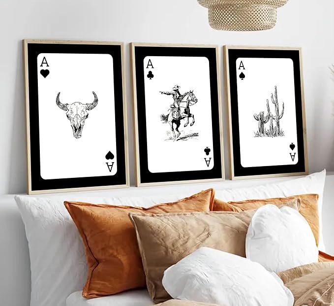 3Pcs Western Cowboy Wall Art Rustic Southwestern Style Poster Printing Vintage Western Poker Ace Paintings Cowboy Horse Bull Skull Cactus Pictures for Bedroom Living Room Bathroom 12x16in Unframed