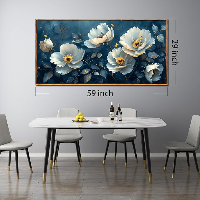 Ouzzlie Large Flower Wall Decor Blue Wall Art for Living Room Office Gold Butterfly Picture Artwork Canvas 29" x 59"