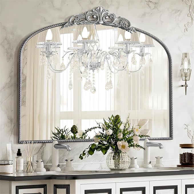 Micasso Antique Wall Silver Mirror: 40" x 30" French Baroque Vintage Mirror - Traditional Ornate Decorative Arched Mirrors for Wall/Bathroom/Entryway/Fireplace/Hallway - Home Decor for Living Room