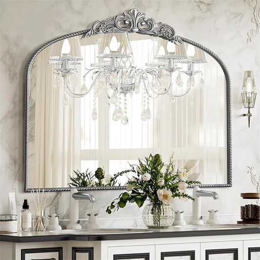 Micasso Antique Wall Silver Mirror: 40" x 30" French Baroque Vintage Mirror - Traditional Ornate Decorative Arched Mirrors for Wall/Bathroom/Entryway/Fireplace/Hallway - Home Decor for Living Room