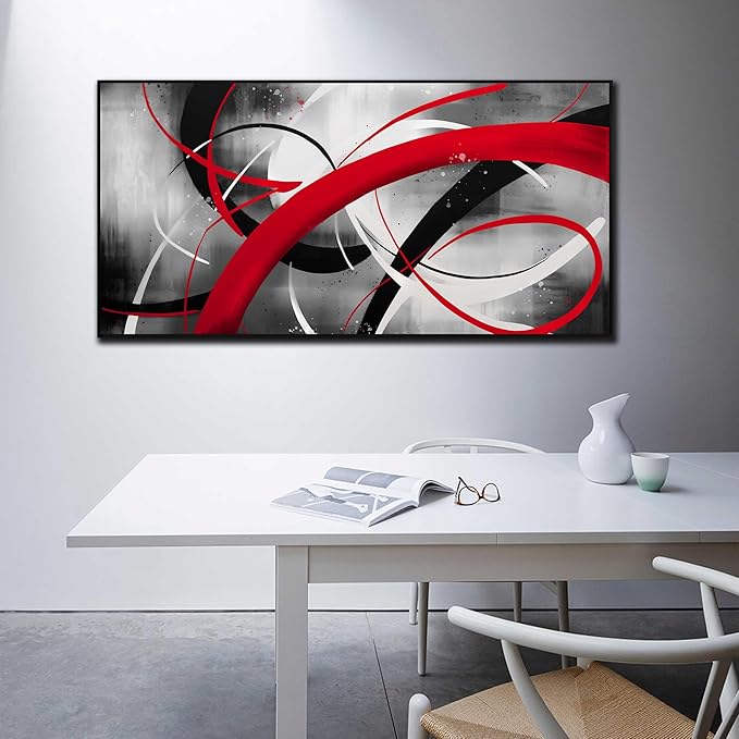Abstract Wall Art for Living Room, Black White and Red Line Canvas Wall-Decor for Bedroom, Large Size 29x59 Inches Framed