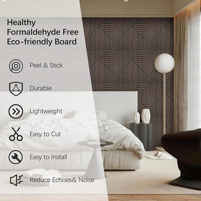 4 Packs Acoustic Wall Panels - Self-Adhesive 3D Wood Slat Wall Panel- Peel and Stick Sound Absorbing Panels for Noise Reducing - Feature Wall Decor for Home & Office