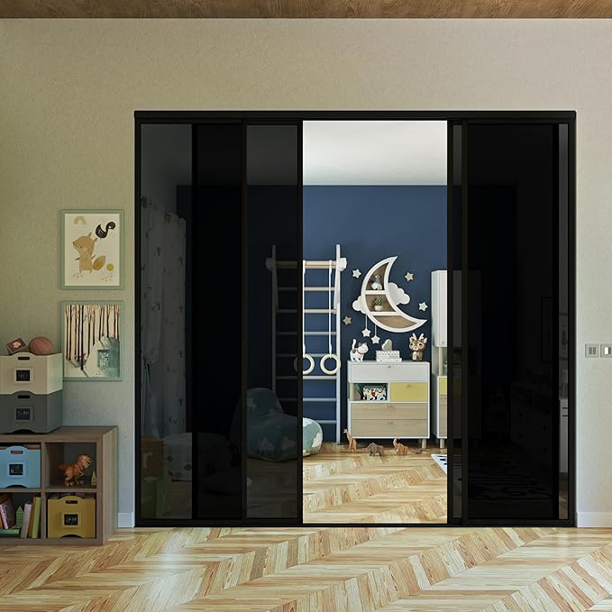 4 Panel Glass Room Divider and Sliding Glass Closet Doors - Smoked Frosted Partition Wall - Clear, Smoked and Frosted Glass Sliding Doors Options (Smoked Glass, 120x80)