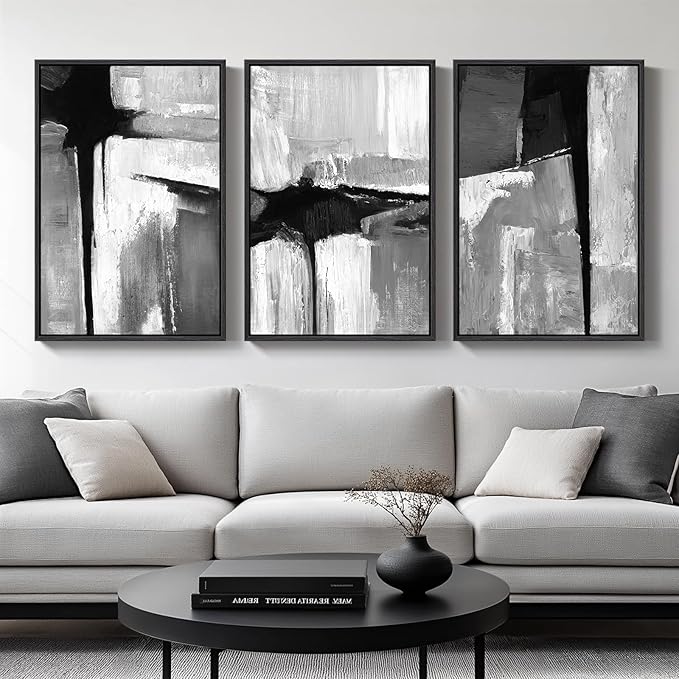 Large Framed Black and White Gray Abstract Wall Art for Living Room, 3 Piece Modern Canvas Prints Paintings Artwork for Walls, Grey Abstract Pictures for Hallway Office Wall Decor 24x36 In
