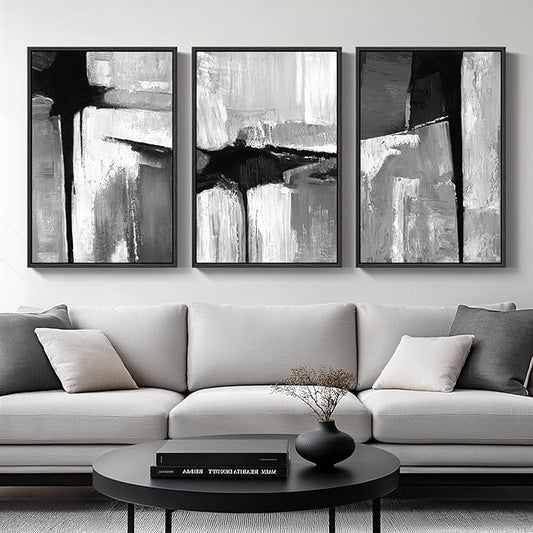 Large Framed Black and White Gray Abstract Wall Art for Living Room, 3 Piece Modern Canvas Prints Paintings Artwork for Walls, Grey Abstract Pictures for Hallway Office Wall Decor 24x36 In