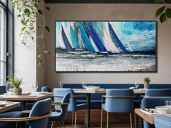 Arjun Framed Wall Art Blue Extra Large Abstract Wall Art Canvas for Living Room, Teal Coastal Nautical Sailboat Picture Painting Artwork Bedroom Home Office Wall Decor, Black Wood 58"x29"