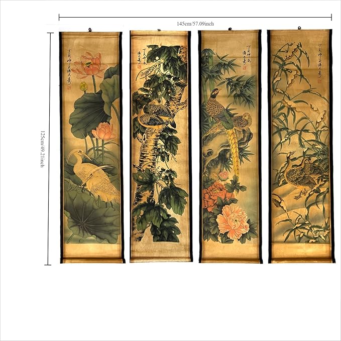 CIFIBIFUN Wall Asia Art Prints Posters Painting Plant Flower Vintage Style,4 Panels Old Paper Scroll, Home Walls Decor (Super Old Aging Paper, B Plants Birds)