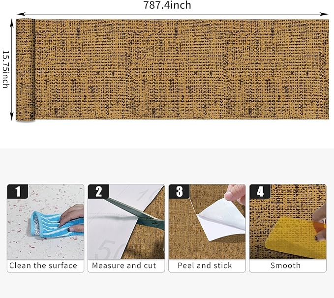 15.75"x787.4" Brown Grasscloth Wallpaper Peel and Stick Removable Textured Wall Paper Self Adhesive Contact Paper Faux Linen Cabinets Drawers Bookshelves Thickened Waterproof Shelf Vinyl Roll