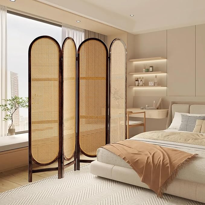 ALeesinwing 4 Panels Room Dividers, Hand-Woven Rattan Room Divider Panel and Folding Privacy Screens, Wood Room Divider Wall Freestanding Room Partitions Screen for Home Office Bedroom, Dark Brown