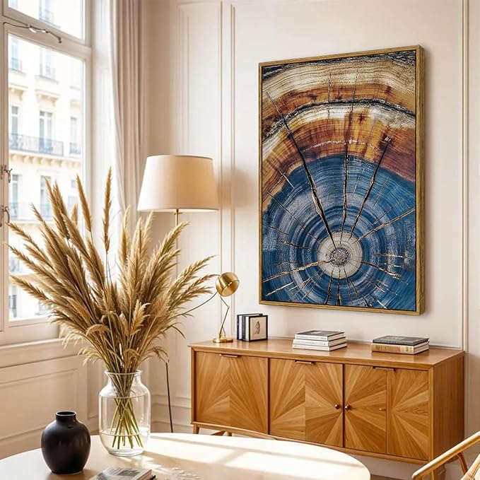 BingruiArt Large Framed Tree Ring Wall Art Wood Canvas Colorful Boho Wall Decor Rustic Artwork Abstract Painting Farmhouse Picture Nature Print for Living Room Bedroom Bathroom 24"x36" Natural Framed(02)