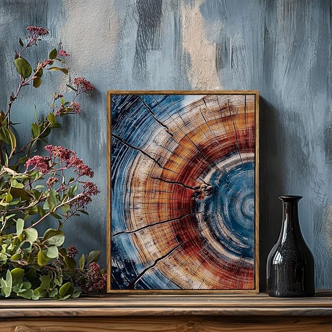 BingruiArt Framed Tree Ring Wall Art Wood Canvas Colorful Boho Wall Decor Rustic Artwork Abstract Painting Farmhouse Picture Nature Print for Living Room Bedroom Bathroom 12"x16" Natural Framed(01)
