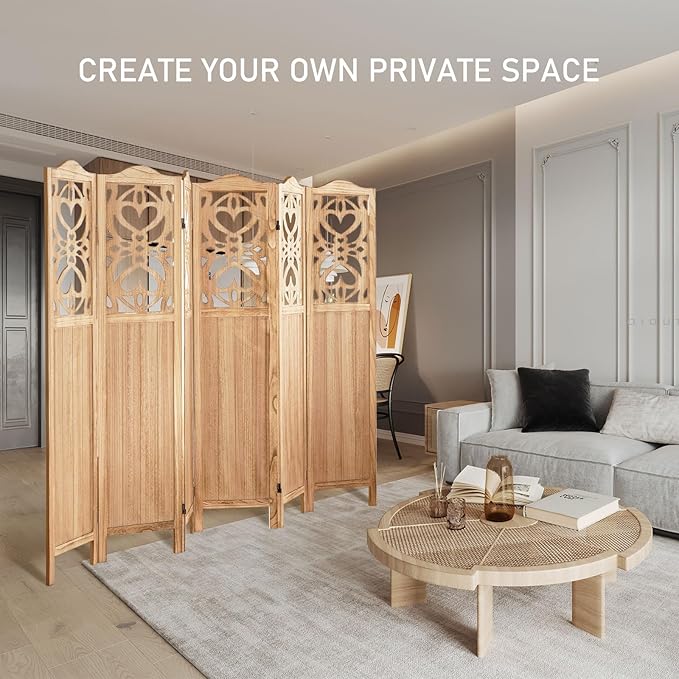 6 Panel Room Divider Fully Assembled, Carved Room Dividers and Folding Screens, 5.6Ft Wood Room Divider Screen Freestanding Partition Wall Dividers for Home Bedroom Office, Rustic Wood Color