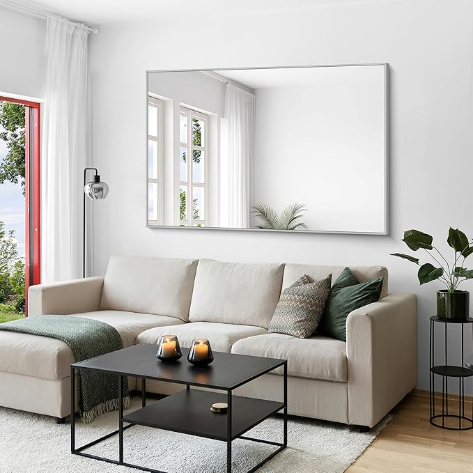KOCUUY Silver Bathroom Mirror, 60"x40" Large Rectangle Bathroom Mirror for Wall, HD Tempered Glass, Anti-Rust Brushed Silver Frame, Modern Design for Bathroom, Bedroom, Hang Horizontal/Vertical