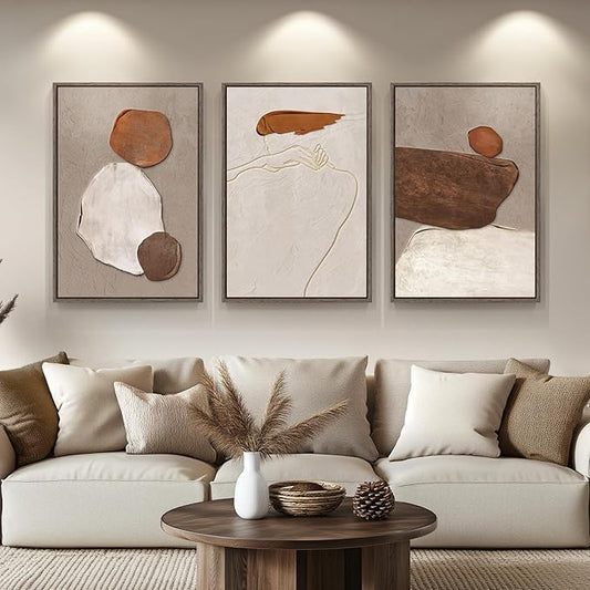 Large Framed Neutral Abstract Wall Art for Living Room, Set of 3 Rustic Beige Brown Canvas Prints Paintings Artwork for Walls, Minimalist Stone Pictures for Hallway Stair Office Wall Decor 24x36 Inch