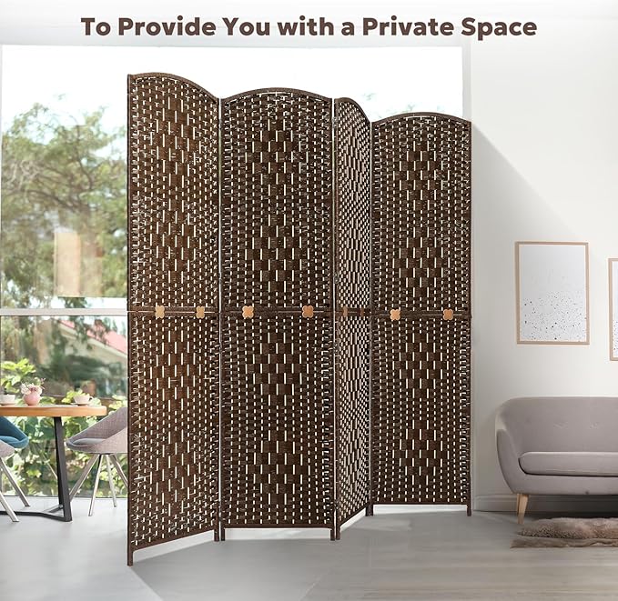 JOSTYLE Room Divider 6FT Folding Wall Divider for Room Separation Portable Privacy Screen Hand-Made Freestanding Room Partition Dividers, 2-in-1 Multifunction Room Divider Panel (Brown, 4 Panel)