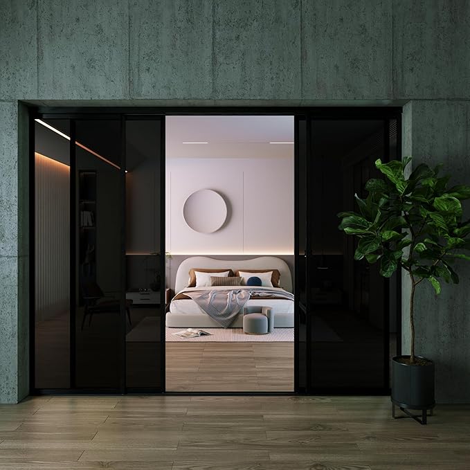 4 Panel Glass Room Divider and Sliding Glass Closet Doors - Smoked Frosted Partition Wall - Clear, Smoked and Frosted Glass Sliding Doors Options (Smoked Glass, 120x80)