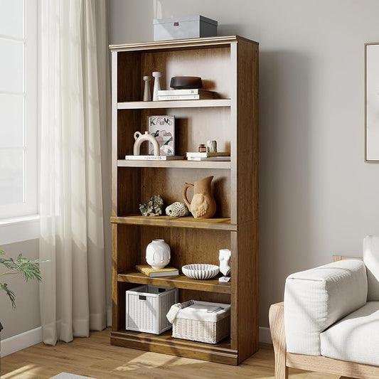 70 in Tall Bookcase, White Bookshelf Open Storage 5-Tier Shelves, 33 inch Wide Floor Standing Indoor Furniture, Book Cases for Home School Library Office Bedroom Kids, Vintage Oak 5 Tiers