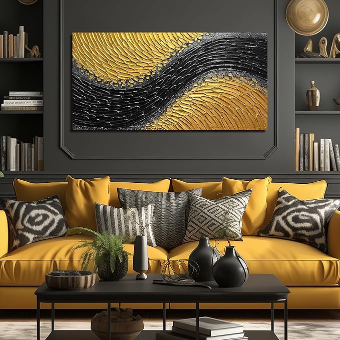 Abstract 3D Hand Painted Wall Art for Office Black and Gold Canvas Wall Art for Bedroom Modern Wall Decor for Living Room Size 24 x 47 Inch