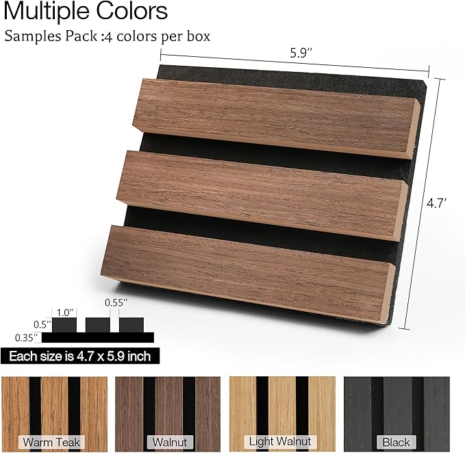4-Pack 4.7" x 5.9" Wood Slat Wall Panel, Soundproof Wooden Paneling for Interior Wall Decor, Wood Slat Acoustic Panels for Wall- 4 Colors Samples Pack