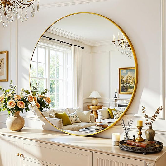 Antok Wall Mirror, 30"x30" Bathroom Vanity Mirror, Anti-Rust HD Tempered Glass, Wall Mounted Mirrors for Living Room, Entryway, Gold Frame, Round