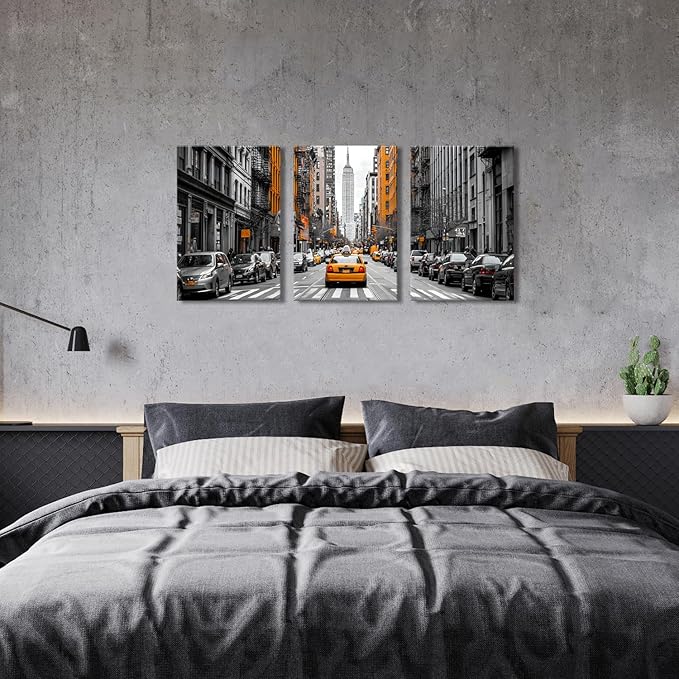 Black and White Canvas Wall Art Framed New York City Wall Decor for Living Room Orange Taxi Photo Print Nyc Urban Skyscraper Picture Car Photography Artwork Bedroom Office Home Decorations 16x24 3pcs