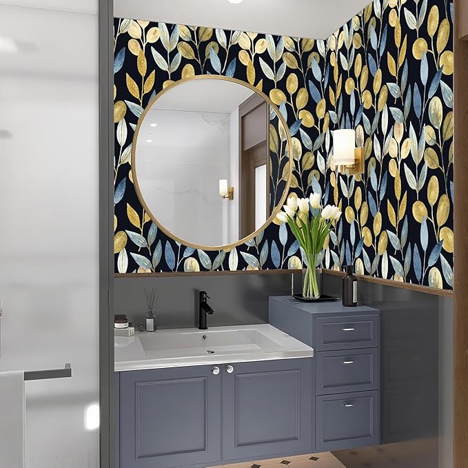 Blue Gold Leaf Peel and Stick Wallpaper Self Adhesive Dark Floral Waterproof Removable Contact Paper Wall Paper for Bedroom Bathroom Cabinets Drawers Wallpaper 17.7"x212.6"