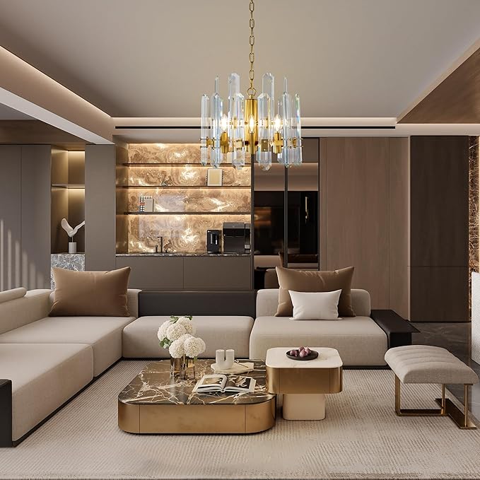 18" Modern Crystal Chandelier, 6-Light Luxury Gold Chandelier for Dining Room, Living Room, Bedroom, Foyer, Kitchen, Restaurant, Contemporary Round Adjustable Chain Chandeliers K9 Light Fixture