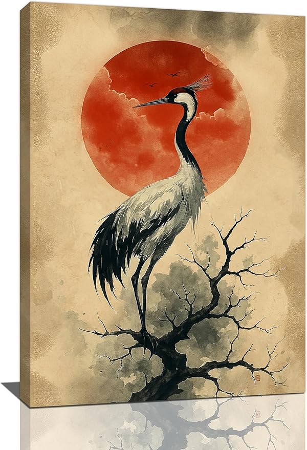 Japanese Crane Wall Art Oriental Asian Wall Decor Sandhill Crane Canvas Pictures Paintings Prints Japan Traditional Aesthetic Artwork Framed Chinese Decorations For Bedroom Living Room Office Gifts 16" x 24"