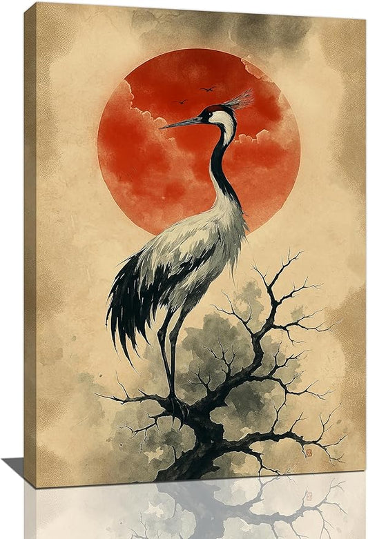 Japanese Crane Wall Art Oriental Asian Wall Decor Sandhill Crane Canvas Pictures Paintings Prints Japan Traditional Aesthetic Artwork Framed Chinese Decorations For Bedroom Living Room Office Gifts 16" x 24"
