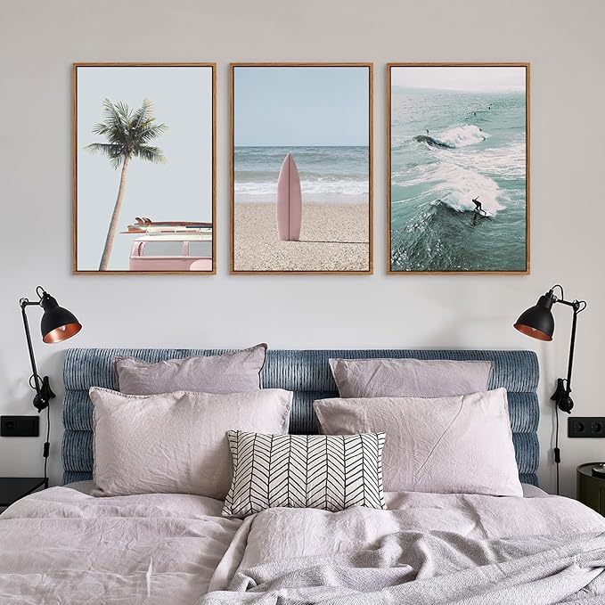 CHDITB Beach Framed Canvas Wall Art Set, Palm Tree Surfboard Seascape Wall Decor, Ocean Surfing Wall Painting, Coastal Art Print for Living Room, Bedroom, Dining Room, Bathroom - Large Size 16"x24"x3