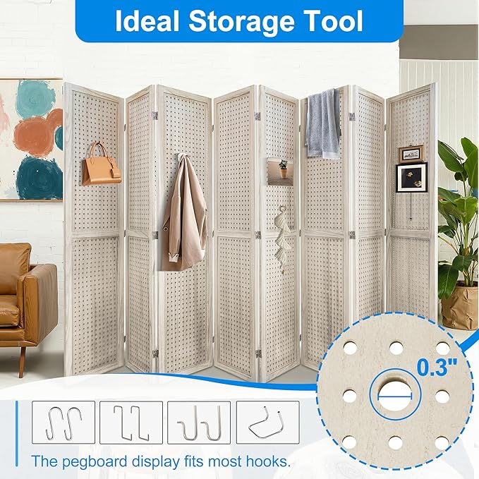 8 Panel Room Divider with Pegboard Display 5.6FT Wood PegBoard Room Dividers, Folding Privacy Screens Portable Freestanding Partition Wall Divider for Art Shows & Room Separation, Natural Wood